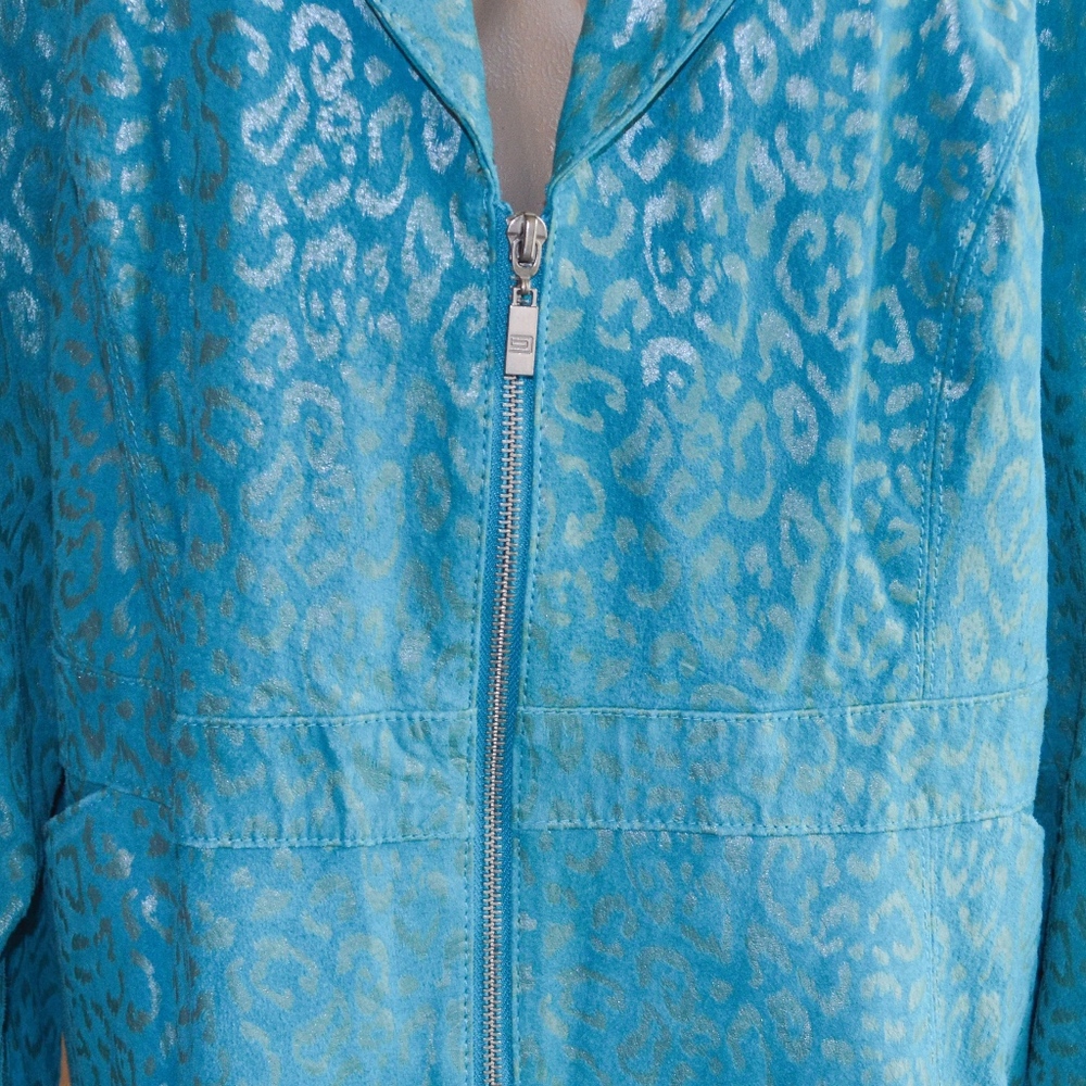 PAMELA MCCOY Blue & Silver Genuine Suede Cheetah Animal Print Zip Jacket NWT - Picture 2 of 6
